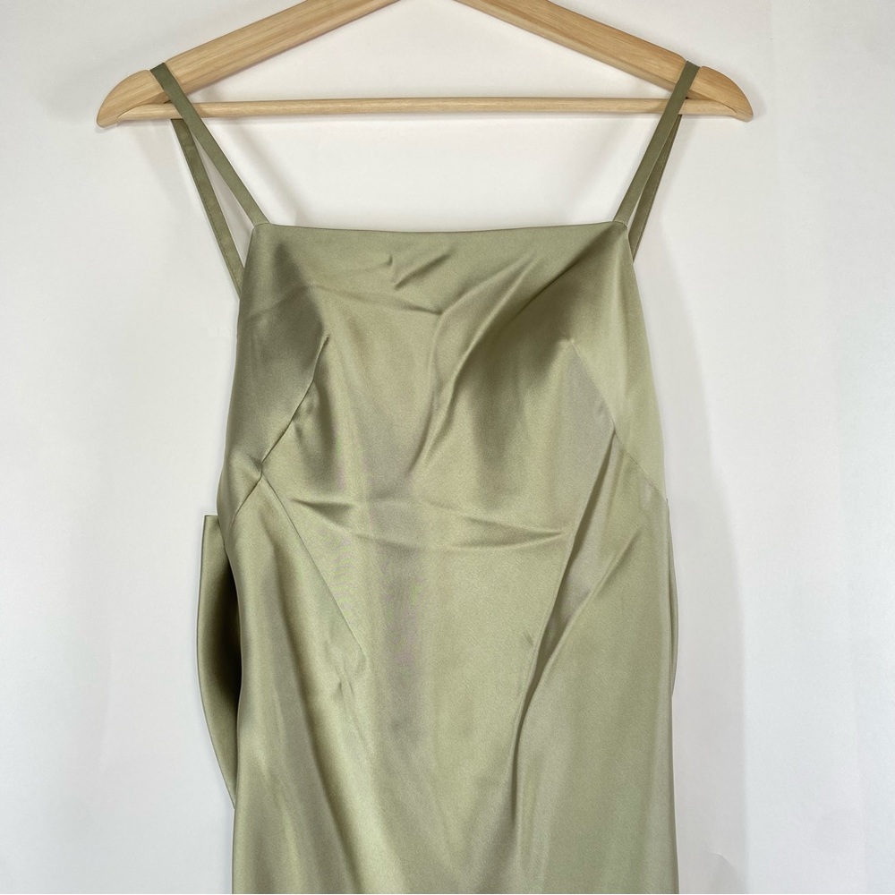 Revelry Steph Silver Sage Satin Front Slit Bow Back Long Dress Size 0 Prom Party - Picture 7 of 13